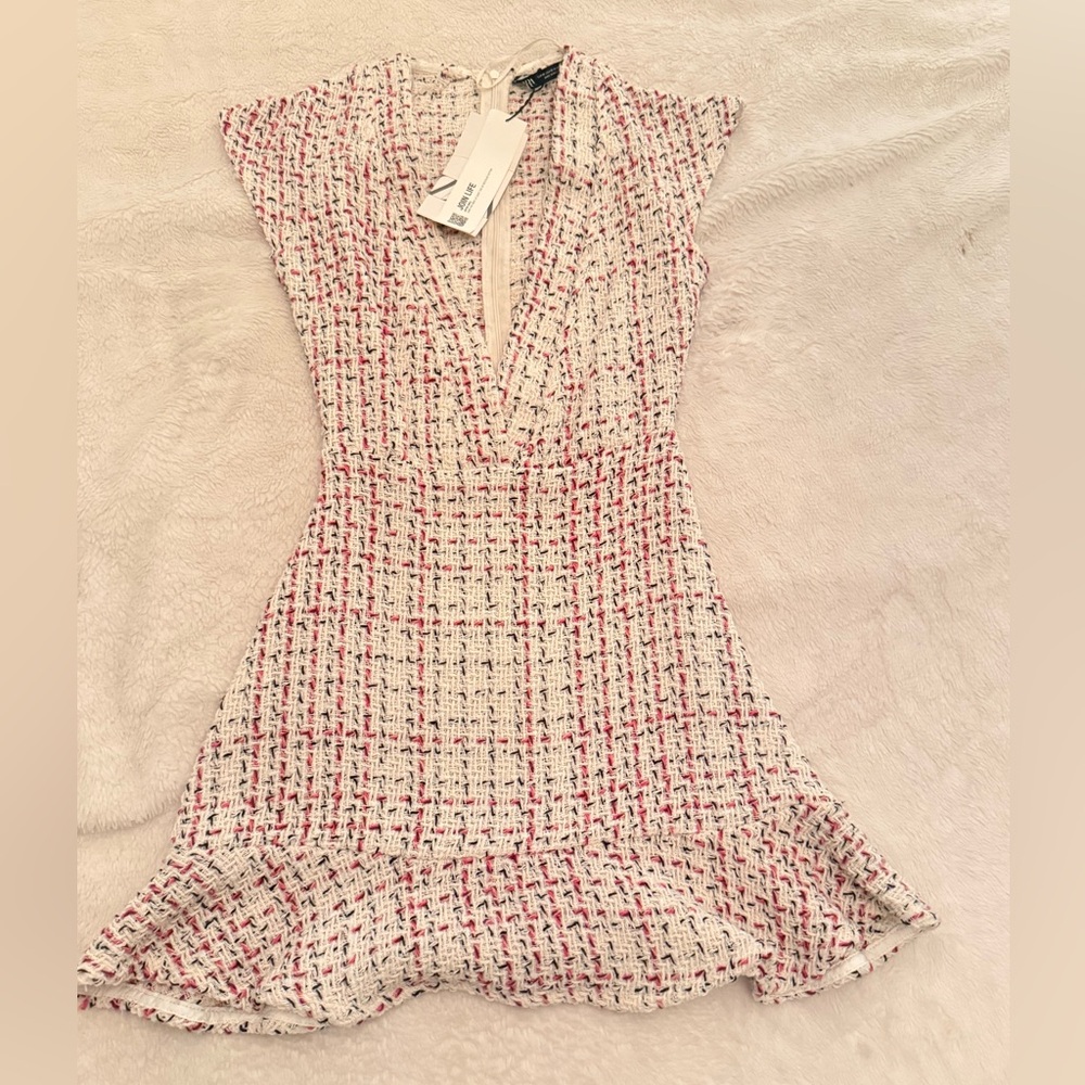 Zara White Tweed Mini Dress with Pink & Black Accents